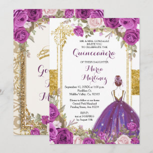 Lila Lilac Blume Gold Quinceanera Einladung
