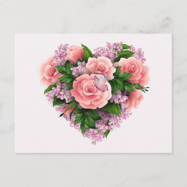 Lila Lilac-Blume und rosa Rosen Blumenherz Postkarte (Vorderseite)