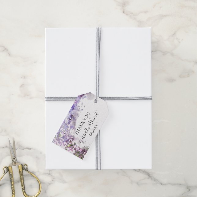 Lila Lilac-Blume Wasserfarbige Gastgeschenk Hochze Geschenkanhänger (Mit Garn)