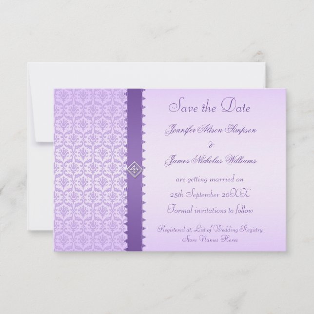 Lila Lilac Damask Ankündigung Datum freihalten (Vorderseite)