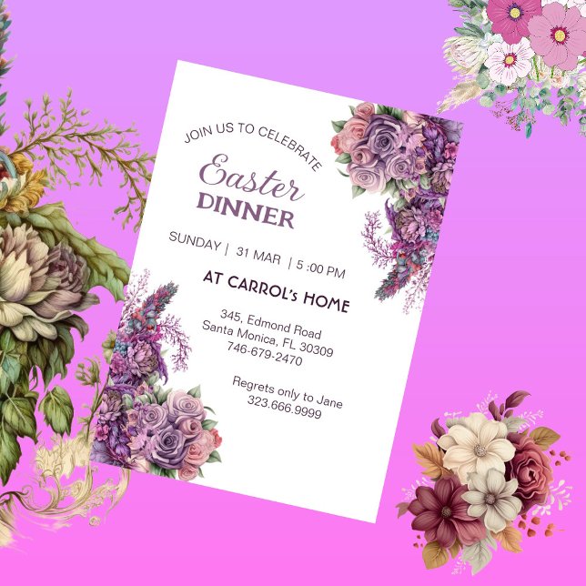 Lila Lilac Flora Rustikale Rose Ostern Abendessen  Einladung (Purple Lilac Flora Rustic Rose Easter Dinner Party Invitation)