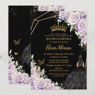 Lila Lilac Floral Black Dress Gold Quinceañera Einladung