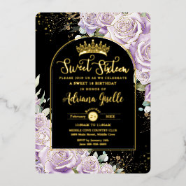 Lila Lilac Floral Black Sweet 16 Geburtstag Folieneinladung