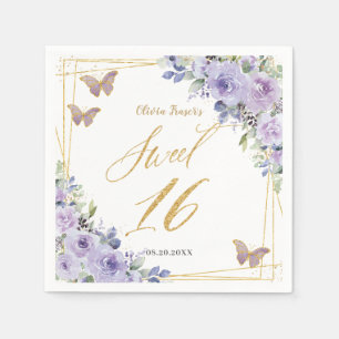 Lila Lilac Floral Butterfells Gold 16 . Geburtstag Serviette