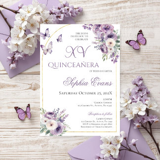 Lila Lilac Floral Butterfliegen Quinceañera Einladung