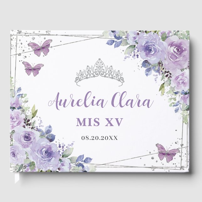Lila Lilac Floral Butterfliegen Silver QUINCEAÑERA Gästebuch (Vorderseite)