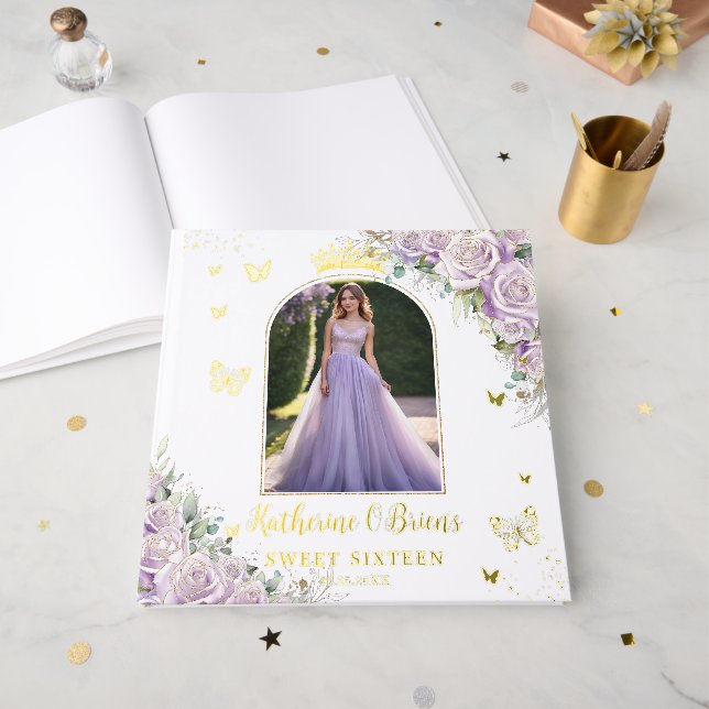 Lila Lilac Floral Butterfliegen Sweet 16 15 Foto Gästebuch (Vorderseite Offen)