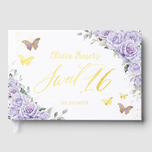 Lila Lilac Floral Butterflies Gold Sweet 16 Foil Gästebuch (Vorderseite)