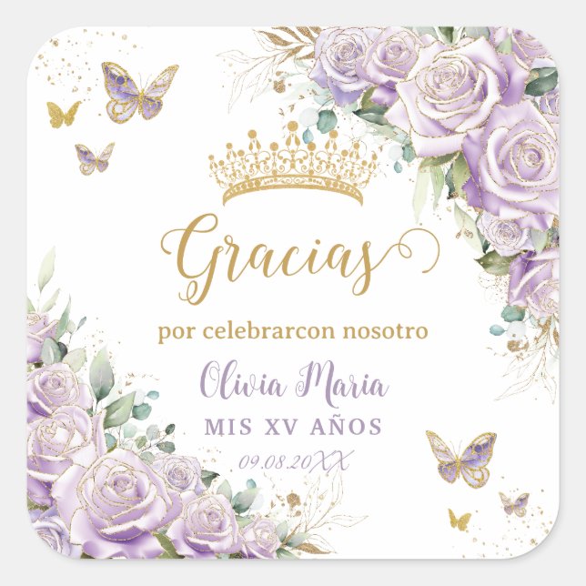 Lila Lilac Floral Butterflies Quinceñera 15 16 Quadratischer Aufkleber (Vorderseite)