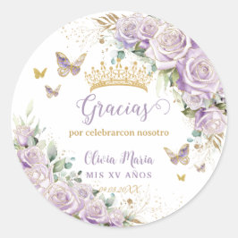 Lila Lilac Floral Butterflies Quinceñera 15 16 Runder Aufkleber
