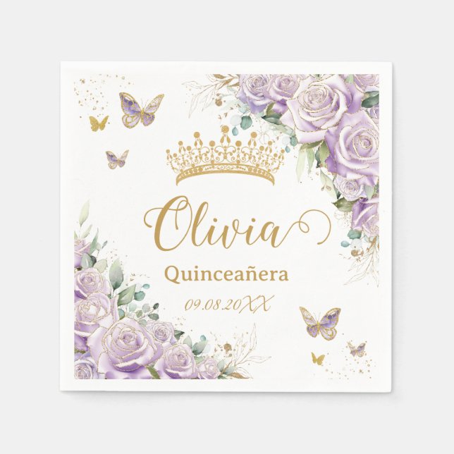 Lila Lilac Floral Butterflies Quinceñera 15 16 Serviette (Vorderseite)