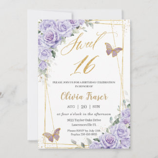 Lila Lilac Floral Butterflies Sweet 16 Sechzehn Einladung