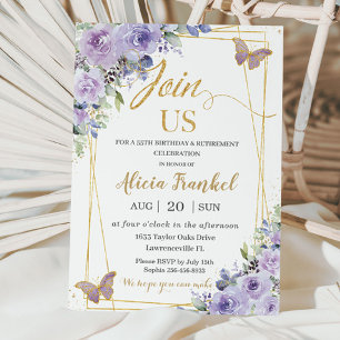 Lila Lilac Floral Butterfly Geburtstagsruhestand Einladung