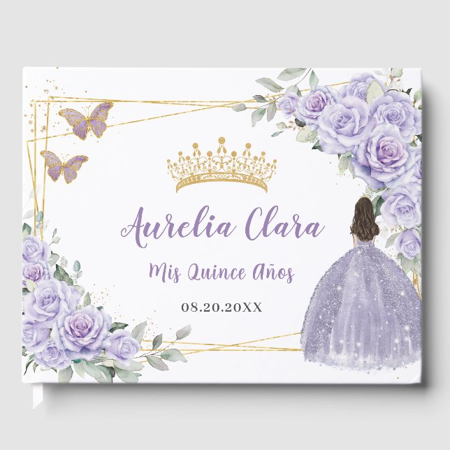Lila Lilac Floral Girl Dress Gold QUINCEAÑERA Gästebuch (Vorderseite)