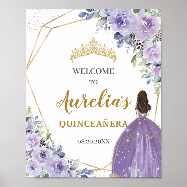 Lila Lilac Floral Gold Quinceañera Willkommen Poster (Vorne)
