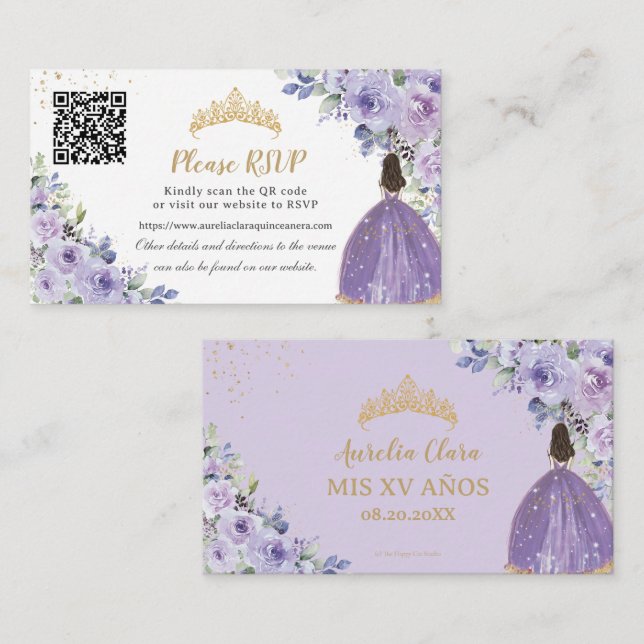 Lila Lilac Floral Gold Quinceñera QR Code Begleitkarte (Vorne/Hinten)