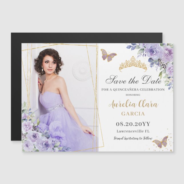 Lila Lilac Floral Gold Quinceñera Save the Date Magnetkarte (Vorne/Hinten)