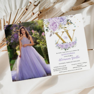 Lila Lilac Floral Gold XV Quinceañera 15 Foto Einladung