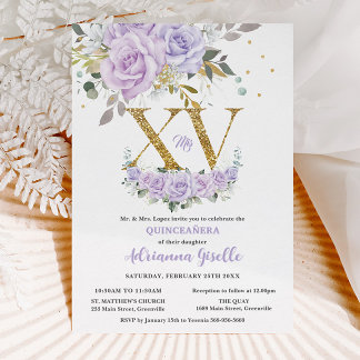 Lila Lilac Floral Gold XV Quinceñera Quince 15 Einladung