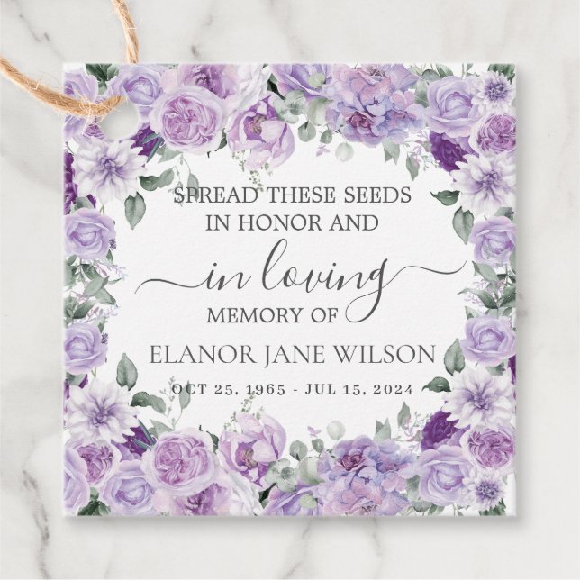 Lila Lilac Floral Memorial Beerdigung Saatgut Pack Geschenkanhänger (Vorderseite)