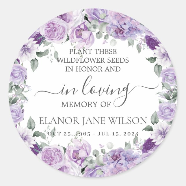 Lila Lilac Floral Memorial Beerdigung Saatgut Pack Runder Aufkleber (Vorderseite)