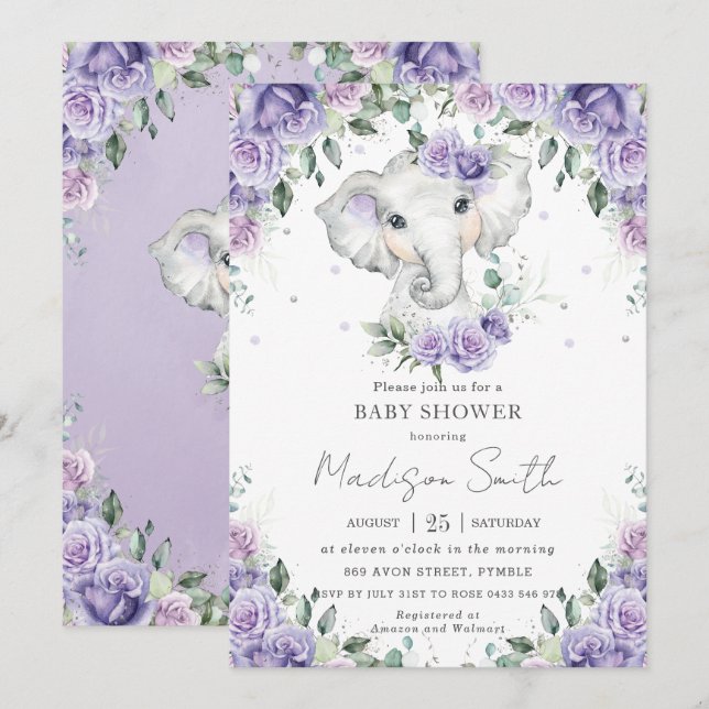 Lila Lilac Floral Niedlich Elephant Baby Dusche Einladung (Vorne/Hinten)