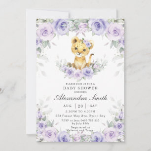 Lila Lilac Floral Niedlich Lion Cub Girl Babydusch Einladung