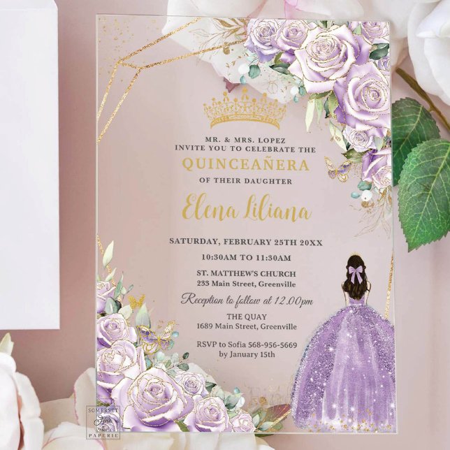 Lila Lilac Floral Princess Gold Quinceanera 15 Acryleinladungen (Von Creator hochgeladen)