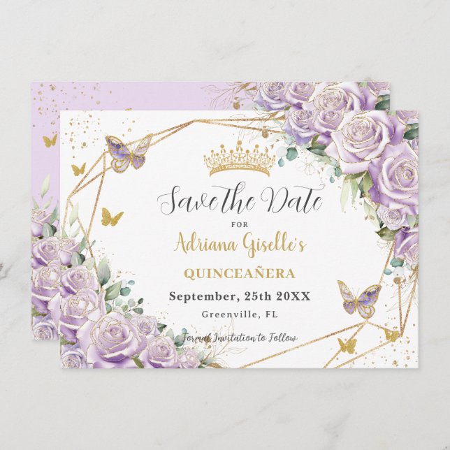 Lila Lilac Floral Princess Gold Quinceañera Save The Date (Vorne/Hinten)
