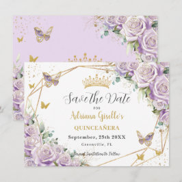 Lila Lilac Floral Princess Gold Quinceañera Save The Date