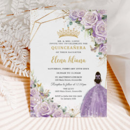 Lila Lilac Floral Princess Gold Quinceañera XV Einladung