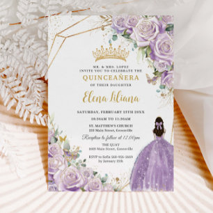 Lila Lilac Floral Princess Gold Quinceañera XV Einladung