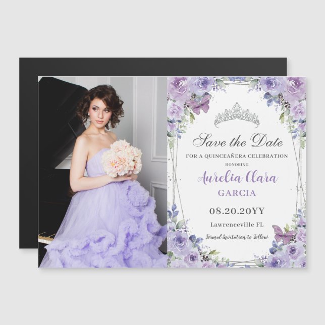 Lila Lilac Floral Quinceañera 16. Save the Date Magnetkarte (Vorne/Hinten)