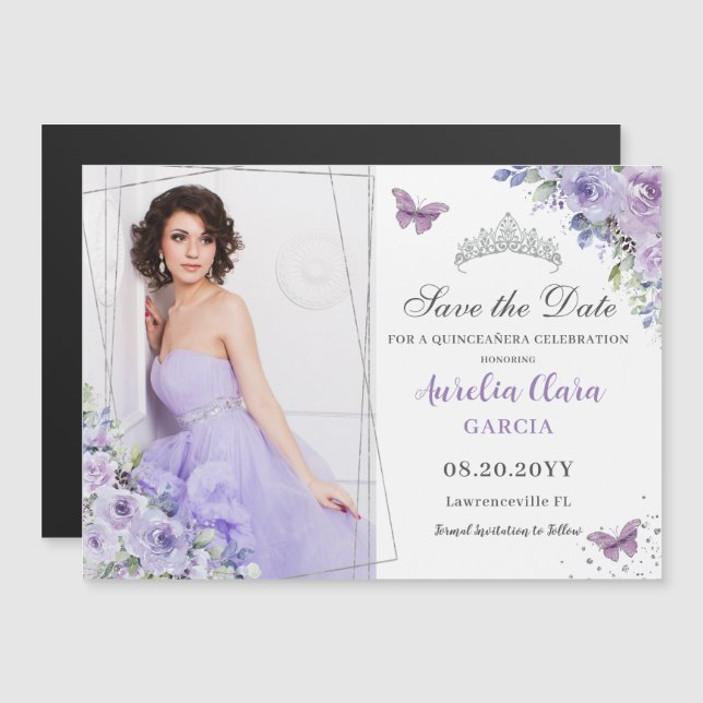 Lila Lilac Floral Quinceañera 16. Save the Date Magnetkarte (Vorne/Hinten)