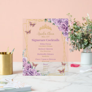Lila Lilac Floral Quinceanera Bar Cocktail Menü Acrylschild