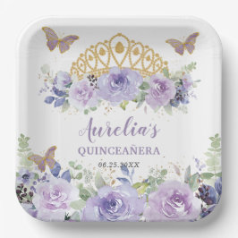 Lila Lilac Floral Quinceañera Crown Butterfliegen Pappteller