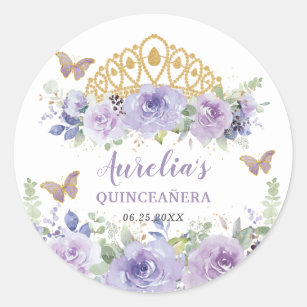 Lila Lilac Floral Quinceañera Crown Butterfliegen Runder Aufkleber