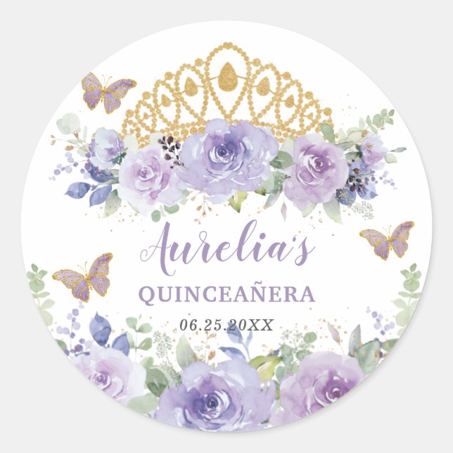 Lila Lilac Floral Quinceañera Crown Butterfliegen Runder Aufkleber (Vorderseite)