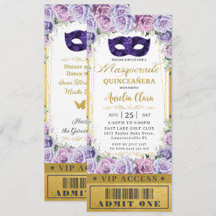 Lila Lilac Floral Quinceañera Masquerade Ticket Einladung
