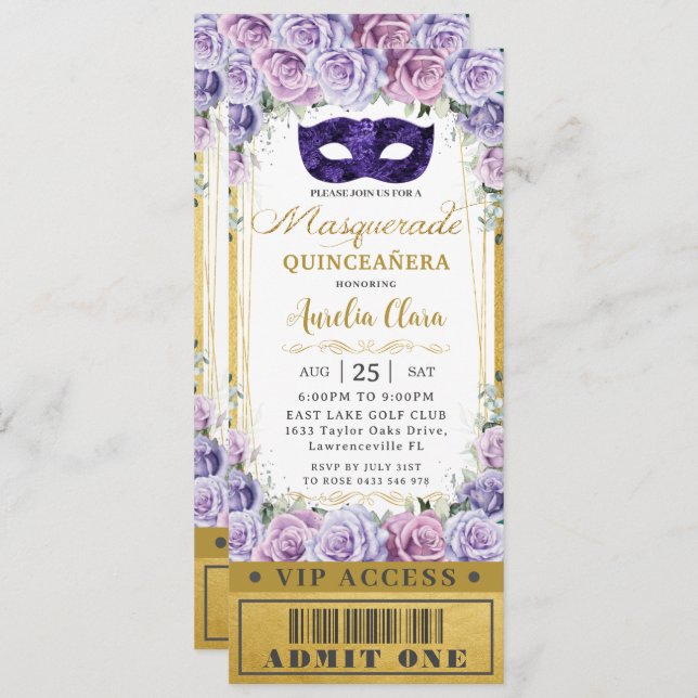 Lila Lilac Floral Quinceañera Masquerade Ticket Einladung (Vorne/Hinten)