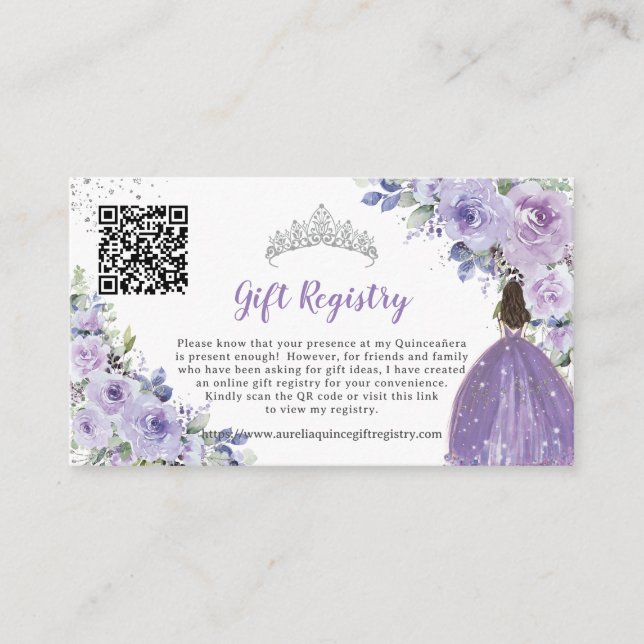 Lila Lilac Floral Quinceañera QR Geschenkregister Begleitkarte (Vorderseite)
