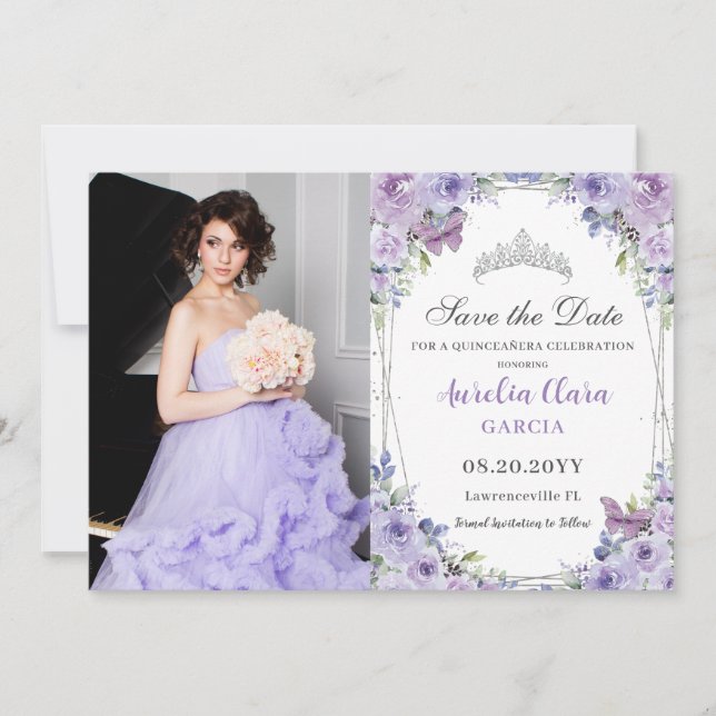 Lila Lilac Floral Quinceañera Sweet 16 Picture Save The Date (Vorderseite)