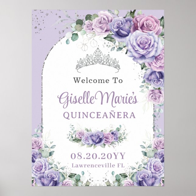 Lila Lilac Floral Rose QUINCEAÑERA Silberarsch Poster (Vorne)