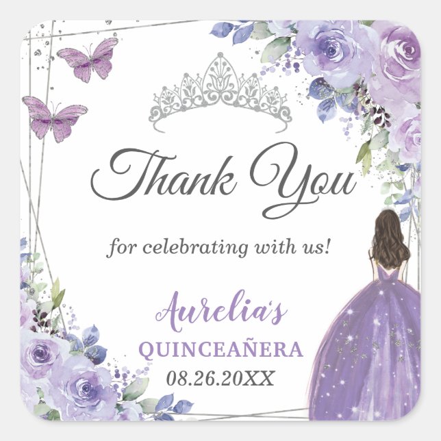 Lila Lilac Floral Silver Prinzessin Quinceañera Quadratischer Aufkleber (Vorderseite)