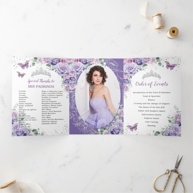 Lila Lilac Floral Silver Quinceañera 15 Programm (Innenseite)