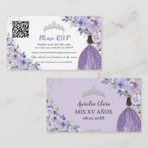 Lila Lilac Floral Silver Quinceañera QR Code Begleitkarte