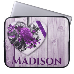 Lila Lilac Herz und Blume mit Individuelle Name Laptopschutzhülle