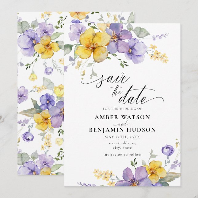 Lila Lilac Lavender Gelbe Blume Save the Date Einladung (Vorne/Hinten)