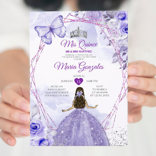 Lila Lilac Mis Quince 15 Anos Crown Quinceañera Einladung