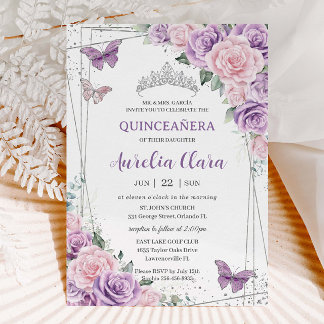 Lila Lilac Pink Floral Butterfliegen Quinceañera Einladung